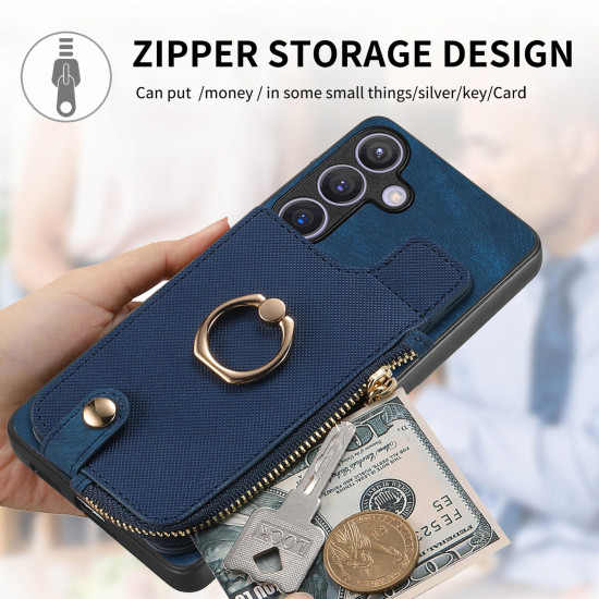 For Samsung Galaxy S24+ 5G Cross Leather Ring Vertical Zipper Wallet Back Phone Case(Blue)