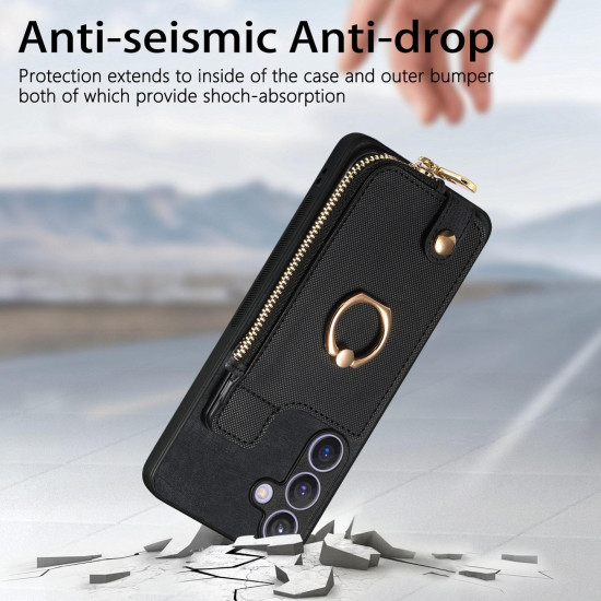 For Samsung Galaxy S24+ 5G Cross Leather Ring Vertical Zipper Wallet Back Phone Case(Black)