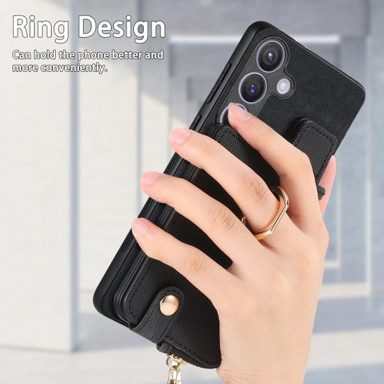 For Samsung Galaxy S24+ 5G Cross Leather Ring Vertical Zipper Wallet Back Phone Case(Black)