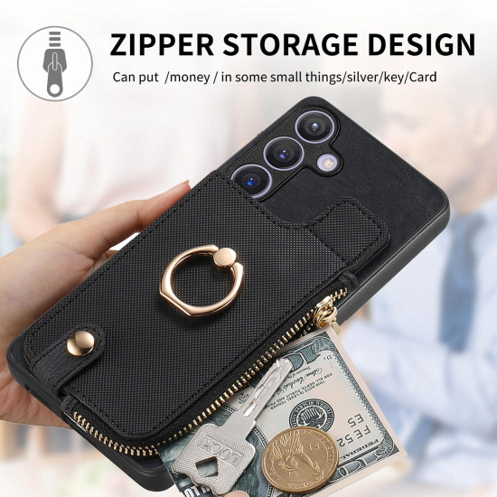 For Samsung Galaxy S24+ 5G Cross Leather Ring Vertical Zipper Wallet Back Phone Case(Black)
