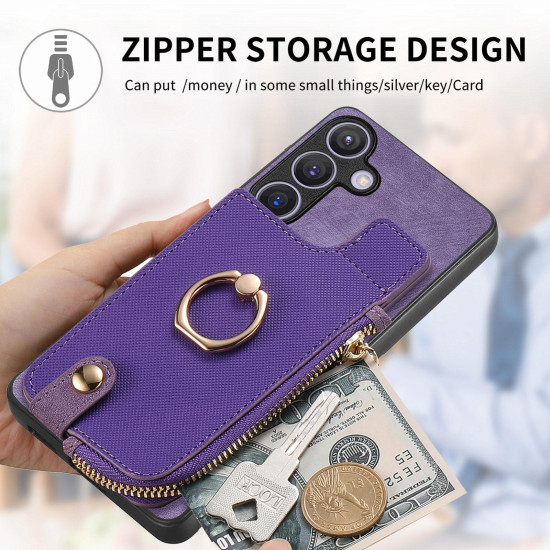 For Samsung Galaxy S24+ 5G Cross Leather Ring Vertical Zipper Wallet Back Phone Case(Purple)