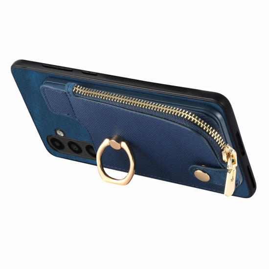 For Samsung Galaxy S24+ 5G Cross Leather Ring Vertical Zipper Wallet Back Phone Case(Blue)