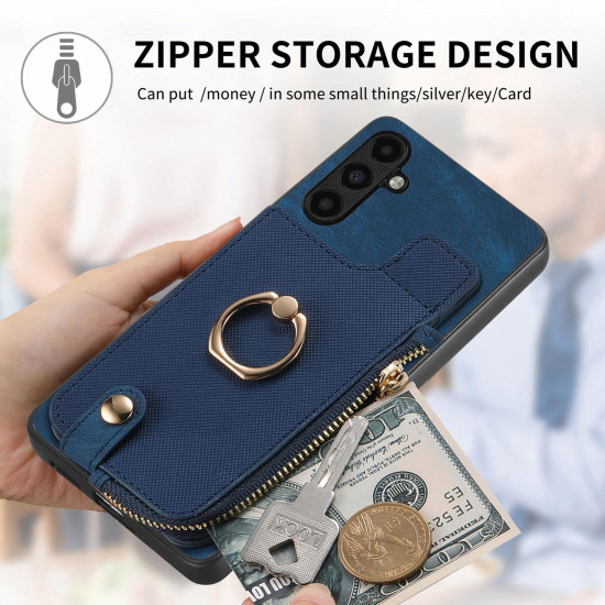 For Samsung Galaxy S24+ 5G Cross Leather Ring Vertical Zipper Wallet Back Phone Case(Blue)