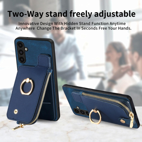 For Samsung Galaxy S24+ 5G Cross Leather Ring Vertical Zipper Wallet Back Phone Case(Blue)