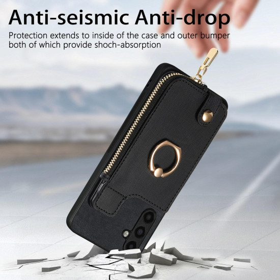 For Samsung Galaxy S24+ 5G Cross Leather Ring Vertical Zipper Wallet Back Phone Case(Black)