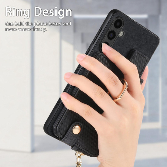 For Samsung Galaxy S24+ 5G Cross Leather Ring Vertical Zipper Wallet Back Phone Case(Black)