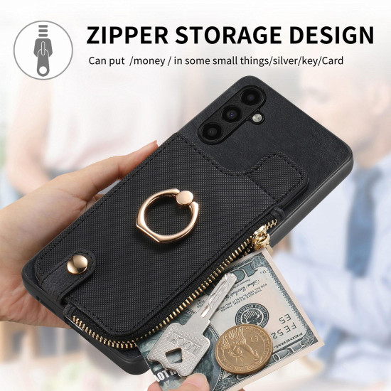 For Samsung Galaxy S24+ 5G Cross Leather Ring Vertical Zipper Wallet Back Phone Case(Black)