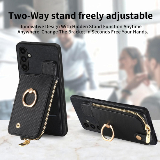 For Samsung Galaxy S24+ 5G Cross Leather Ring Vertical Zipper Wallet Back Phone Case(Black)
