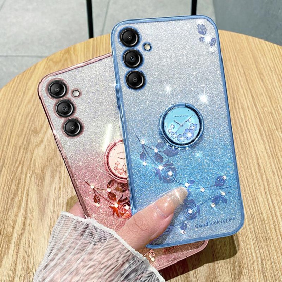 For Samsung Galaxy S24+ 5G Gradient Glitter Immortal Flower Ring All-inclusive Phone Case(Blue)