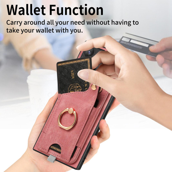 For Samsung Galaxy S24+ 5G Retro Skin-feel Ring Card Bag Phone Case with Hang Loop(Pink)