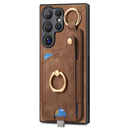 For Samsung Galaxy S24+ 5G Retro Skin-feel Ring Card Bag Phone Case with Hang Loop(Brown)