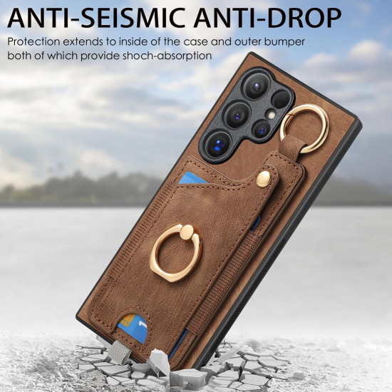 For Samsung Galaxy S24+ 5G Retro Skin-feel Ring Card Bag Phone Case with Hang Loop(Brown)