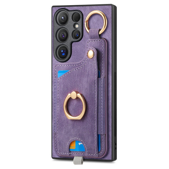 For Samsung Galaxy S24+ 5G Retro Skin-feel Ring Card Bag Phone Case with Hang Loop(Purple)