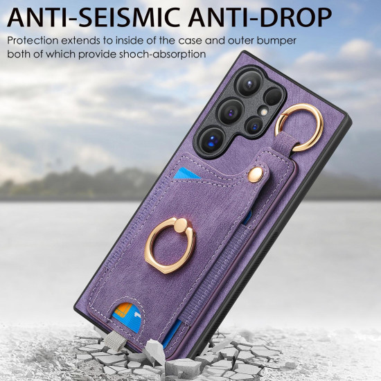 For Samsung Galaxy S24+ 5G Retro Skin-feel Ring Card Bag Phone Case with Hang Loop(Purple)