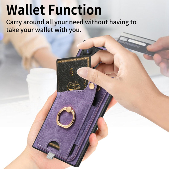 For Samsung Galaxy S24+ 5G Retro Skin-feel Ring Card Bag Phone Case with Hang Loop(Purple)