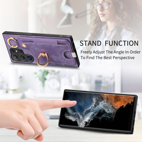 For Samsung Galaxy S24+ 5G Retro Skin-feel Ring Card Bag Phone Case with Hang Loop(Purple)