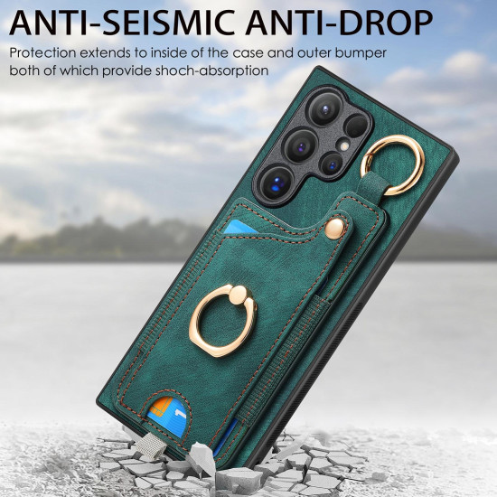 For Samsung Galaxy S24+ 5G Retro Skin-feel Ring Card Bag Phone Case with Hang Loop(Green)