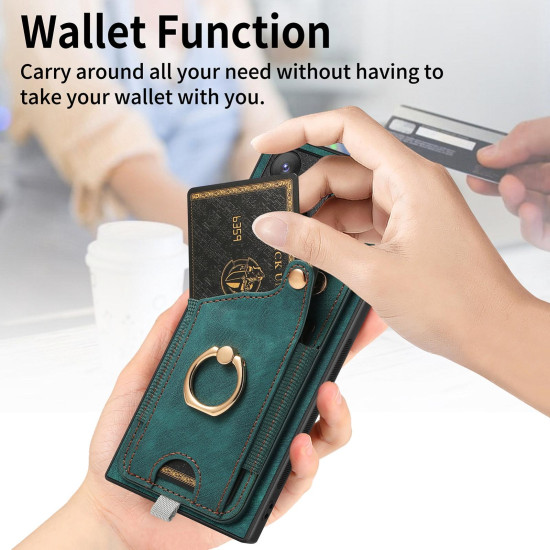 For Samsung Galaxy S24+ 5G Retro Skin-feel Ring Card Bag Phone Case with Hang Loop(Green)