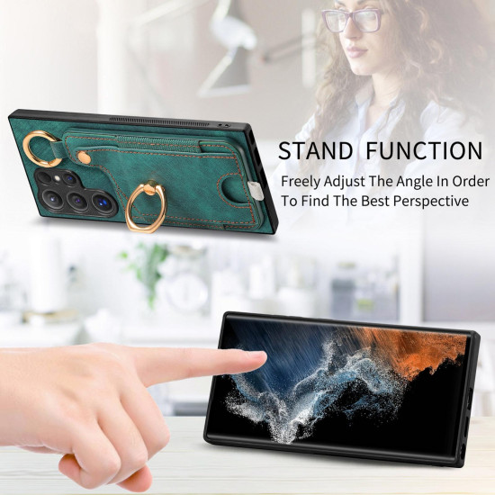 For Samsung Galaxy S24+ 5G Retro Skin-feel Ring Card Bag Phone Case with Hang Loop(Green)