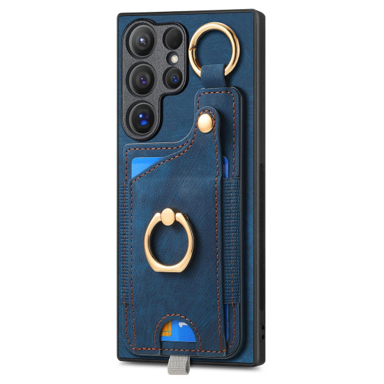 For Samsung Galaxy S24+ 5G Retro Skin-feel Ring Card Bag Phone Case with Hang Loop(Blue)