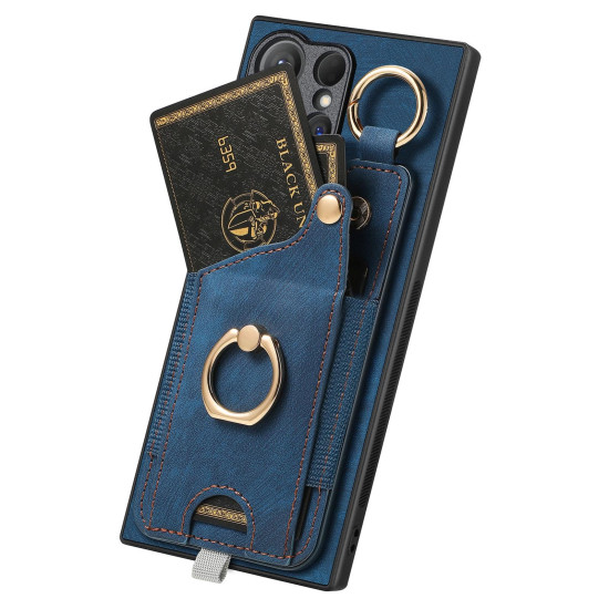 For Samsung Galaxy S24+ 5G Retro Skin-feel Ring Card Bag Phone Case with Hang Loop(Blue)