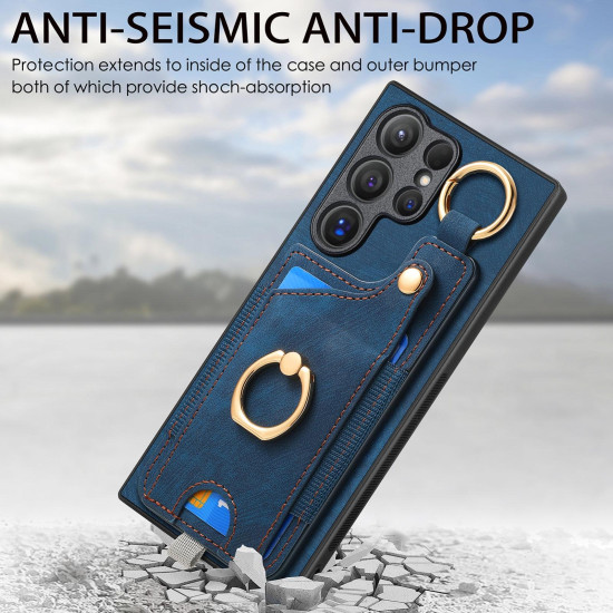 For Samsung Galaxy S24+ 5G Retro Skin-feel Ring Card Bag Phone Case with Hang Loop(Blue)