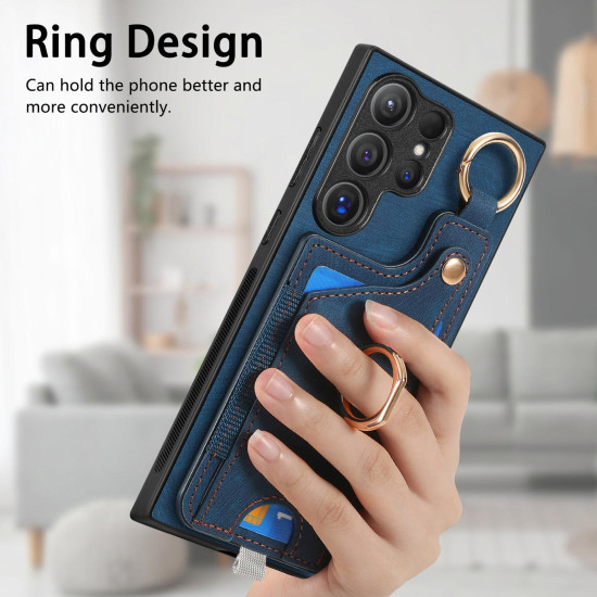For Samsung Galaxy S24+ 5G Retro Skin-feel Ring Card Bag Phone Case with Hang Loop(Blue)