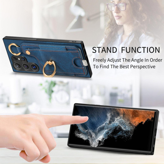 For Samsung Galaxy S24+ 5G Retro Skin-feel Ring Card Bag Phone Case with Hang Loop(Blue)