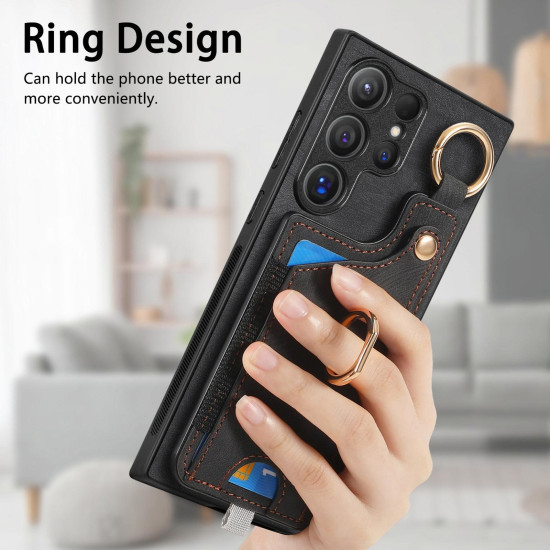 For Samsung Galaxy S24+ 5G Retro Skin-feel Ring Card Bag Phone Case with Hang Loop(Black)