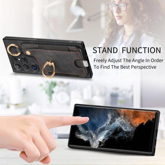 For Samsung Galaxy S24+ 5G Retro Skin-feel Ring Card Bag Phone Case with Hang Loop(Black)