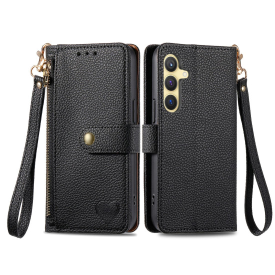 For Samsung Galaxy S24+ 5G Love Zipper Lanyard Leather Phone Case(Black)
