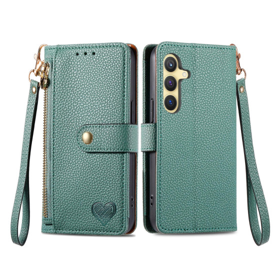 For Samsung Galaxy S24+ 5G Love Zipper Lanyard Leather Phone Case(Green)