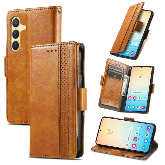 For Samsung Galaxy S24+ 5G CaseNeo Splicing Dual Magnetic Buckle Leather Phone Case(Khaki)