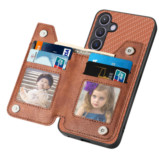 For Samsung Galaxy S24+ 5G Carbon Fiber Horizontal Flip Zipper Wallet Phone Case(Brown)