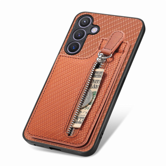 For Samsung Galaxy S24+ 5G Carbon Fiber Vertical Flip Zipper Phone Case(Brown)