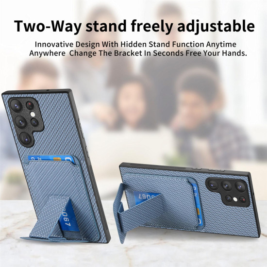 For Samsung Galaxy S24+ 5G Carbon Fiber Card Bag Fold Stand Phone Case(Blue)