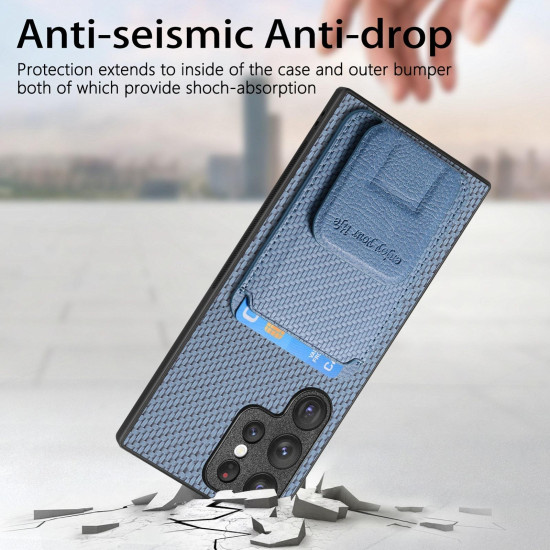 For Samsung Galaxy S24+ 5G Carbon Fiber Card Bag Fold Stand Phone Case(Blue)