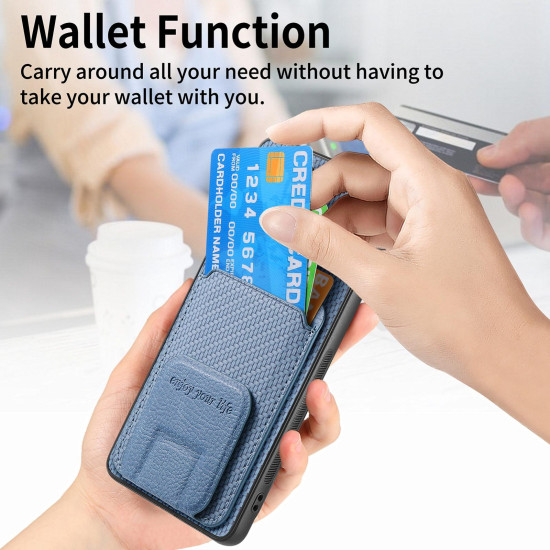 For Samsung Galaxy S24+ 5G Carbon Fiber Card Bag Fold Stand Phone Case(Blue)
