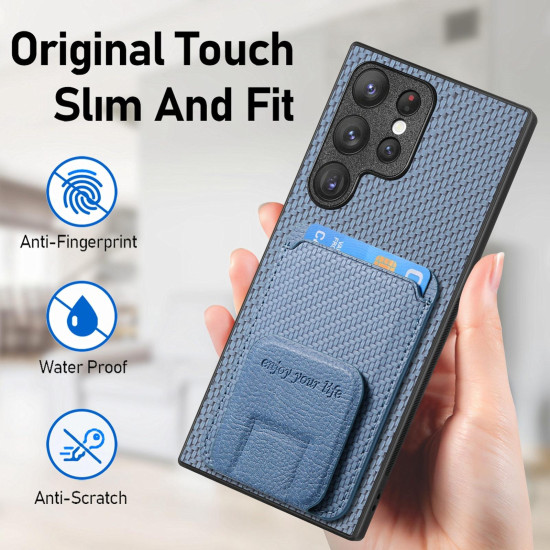 For Samsung Galaxy S24+ 5G Carbon Fiber Card Bag Fold Stand Phone Case(Blue)