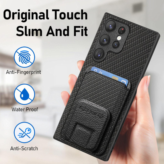 For Samsung Galaxy S24+ 5G Carbon Fiber Card Bag Fold Stand Phone Case(Black)