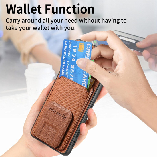 For Samsung Galaxy S24+ 5G Carbon Fiber Card Bag Fold Stand Phone Case(Brown)