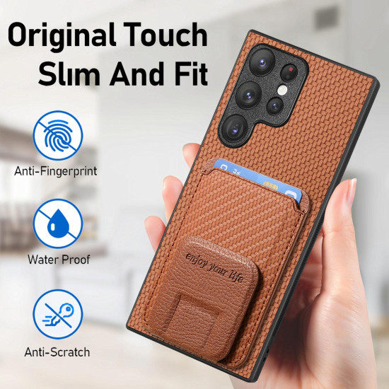 For Samsung Galaxy S24+ 5G Carbon Fiber Card Bag Fold Stand Phone Case(Brown)