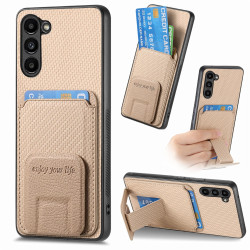 For Samsung Galaxy S24+ 5G Carbon Fiber Card Bag Fold Stand Phone Case(Khaki)