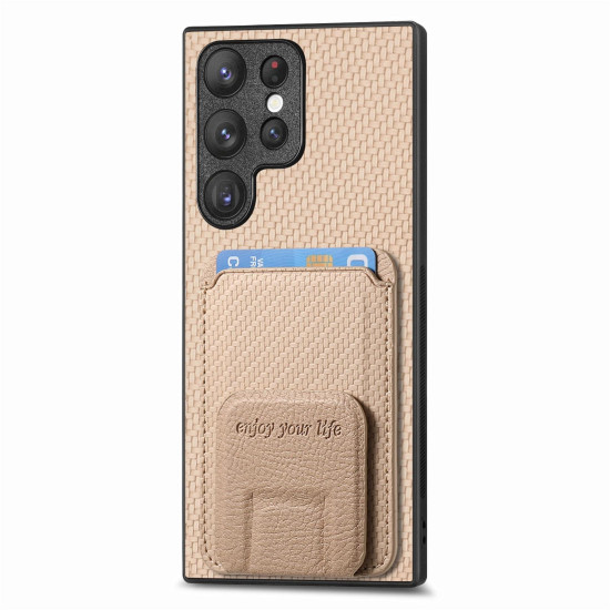 For Samsung Galaxy S24+ 5G Carbon Fiber Card Bag Fold Stand Phone Case(Khaki)
