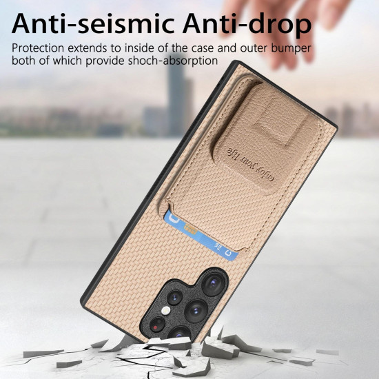 For Samsung Galaxy S24+ 5G Carbon Fiber Card Bag Fold Stand Phone Case(Khaki)