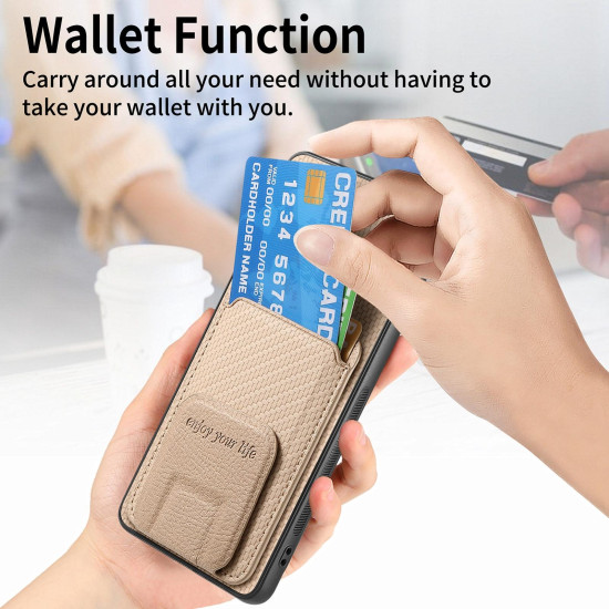 For Samsung Galaxy S24+ 5G Carbon Fiber Card Bag Fold Stand Phone Case(Khaki)