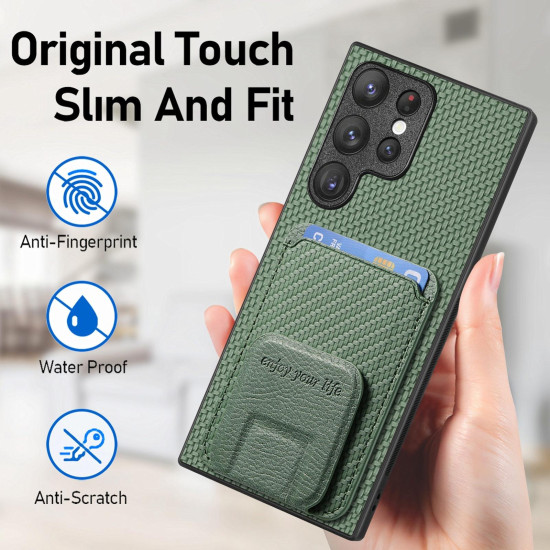 For Samsung Galaxy S24+ 5G Carbon Fiber Card Bag Fold Stand Phone Case(Green)