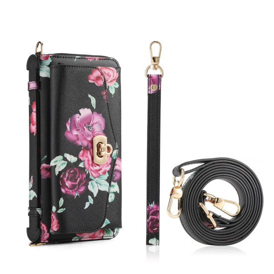 For Samsung Galaxy S24+ 5G Flower Multi-functional Crossbody Zipper Wallet Leather Phone Case(Black)