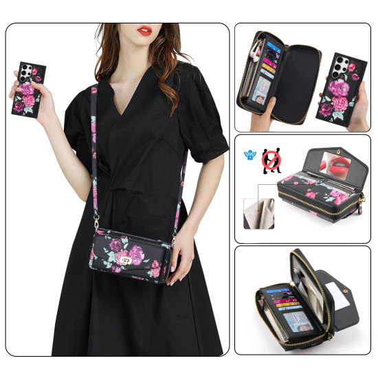 For Samsung Galaxy S24+ 5G Flower Multi-functional Crossbody Zipper Wallet Leather Phone Case(Black)