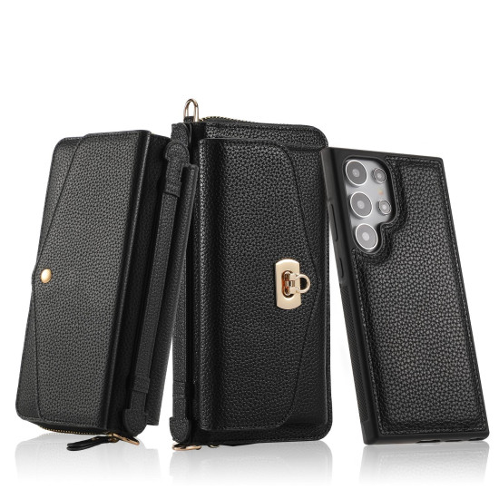 For Samsung Galaxy S24+ 5G Crossbody Multi-functional Zipper Wallet Litchi Leather Phone Case(Black)